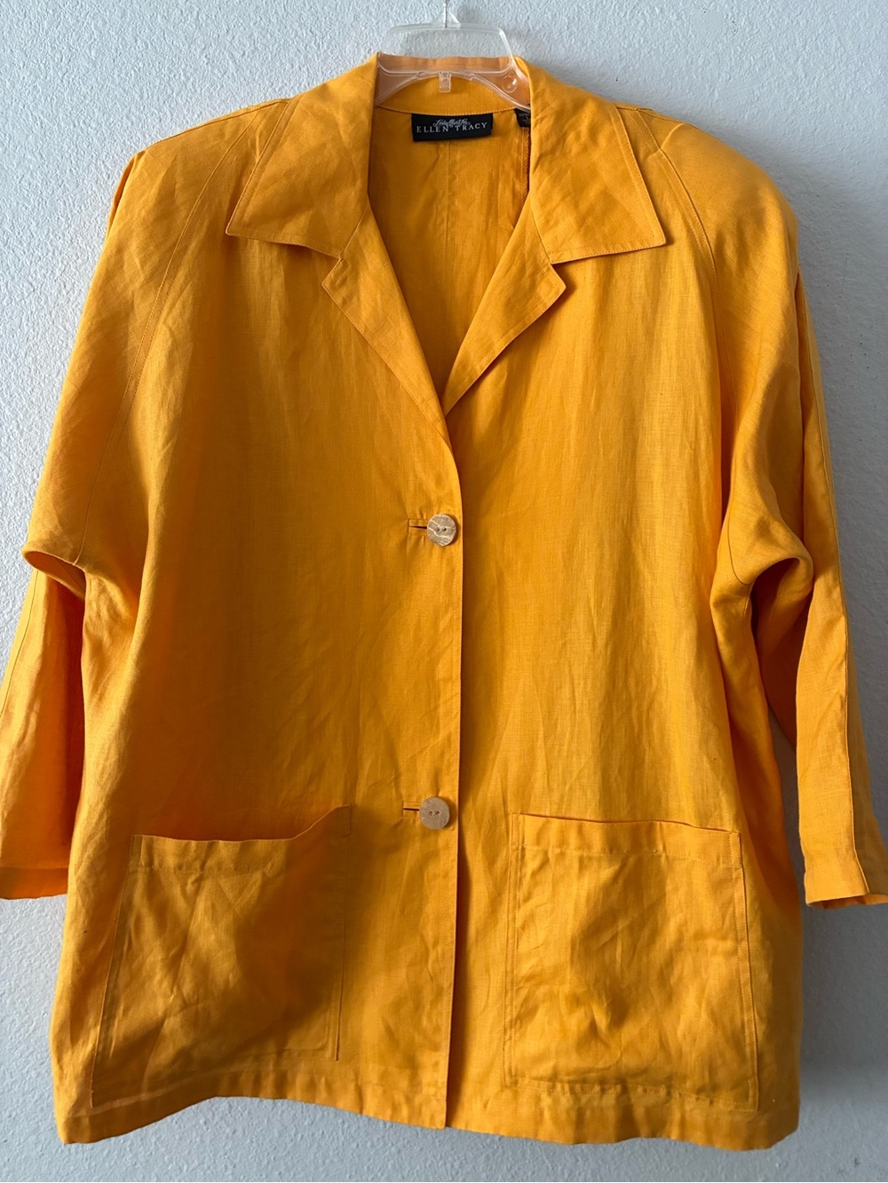 Ellen Tracy L 💯 LINEN Bright Yellow Notch-Collar Blazer OVERSIZED CHOAR STYLE